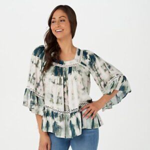 Haute Hippie Tribe Ivy Green Tie Dye 3/4 Sleeve Blouse XS Lace Festival Top Boho